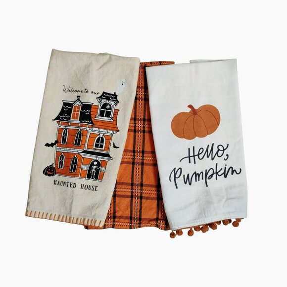 Set Of 3 Halloween Kitchen Towels - Haunted House, Hello Pumpkin, Orange Black - Picture 1 of 4